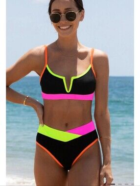 Popvil V-wire Colorblock Neon Bikini Set Size XL